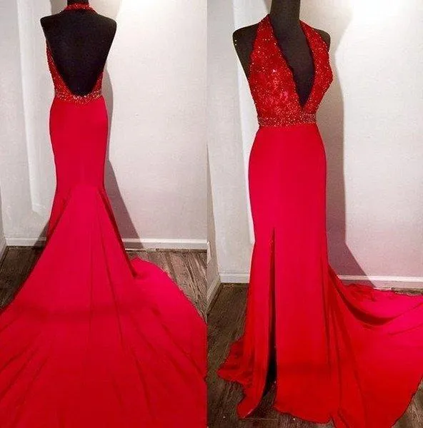 2025 Gorgeous Red Halter Side-Slit Mermaid/Trumpet Satin Prom Dresses