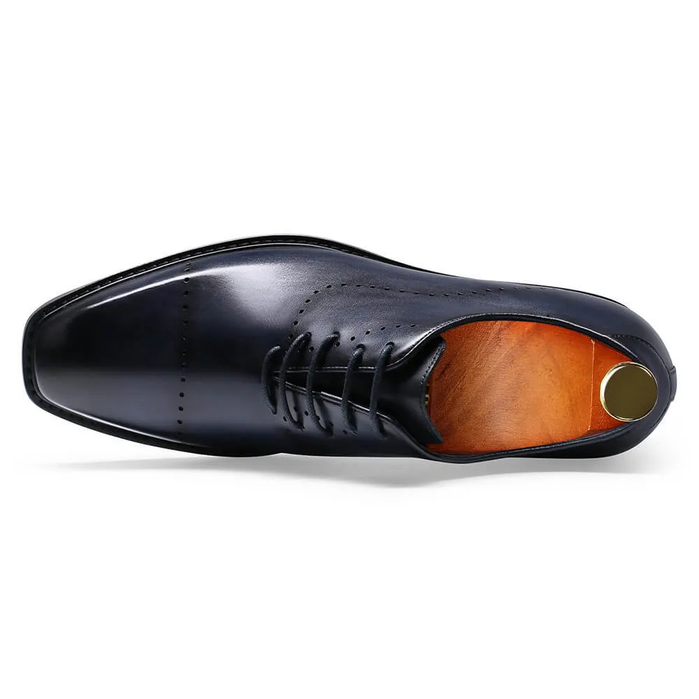 6 CM/2.36 Inches Taller -CMR CHAMARIPA Dress Elevator Shoes For Men- Leather Hand Painted Wholecut Oxfords- Blue