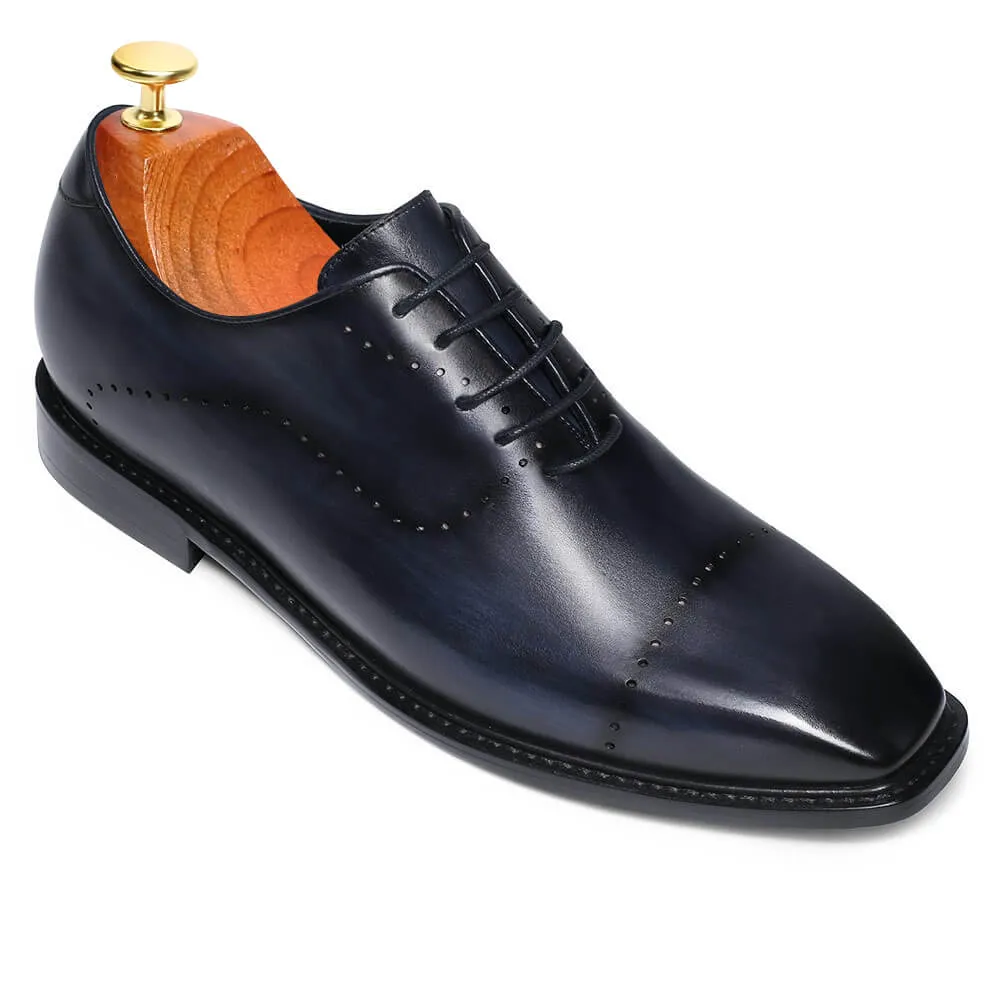 6 CM/2.36 Inches Taller -CMR CHAMARIPA Dress Elevator Shoes For Men- Leather Hand Painted Wholecut Oxfords- Blue