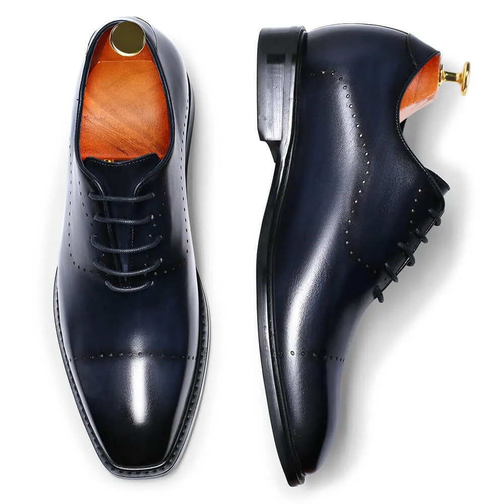 6 CM/2.36 Inches Taller -CMR CHAMARIPA Dress Elevator Shoes For Men- Leather Hand Painted Wholecut Oxfords- Blue