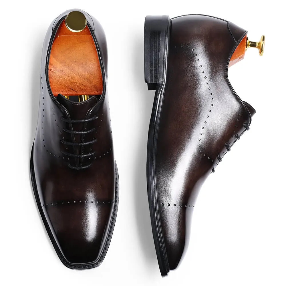 6 CM/2.36 Inches Taller -CMR CHAMARIPA Dress Shoes That Make You Taller- Leather Hand Painted Wholecut Oxfords- Burgundy