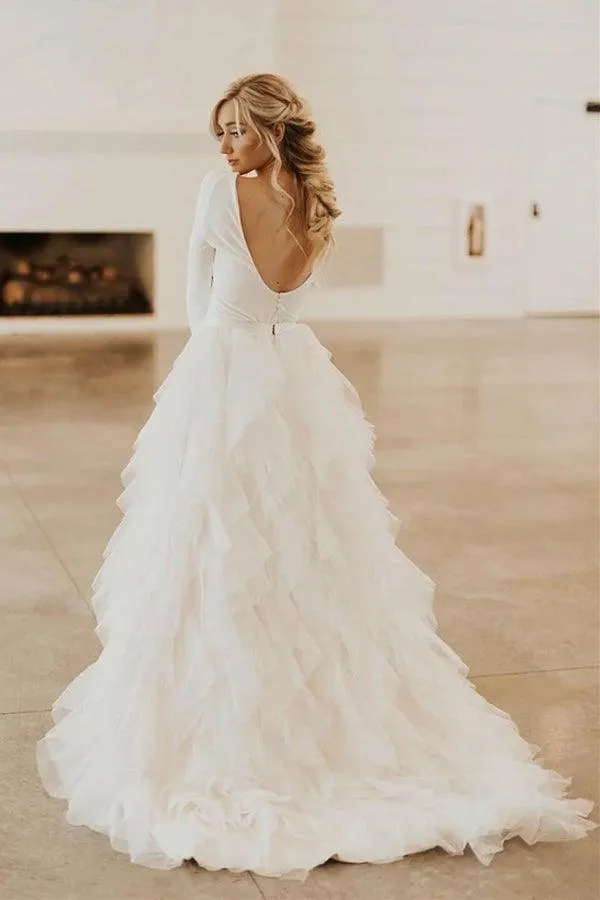 A-Line Round Neck Court Train Tulle Wedding Dress with Long Sleeves  WD307