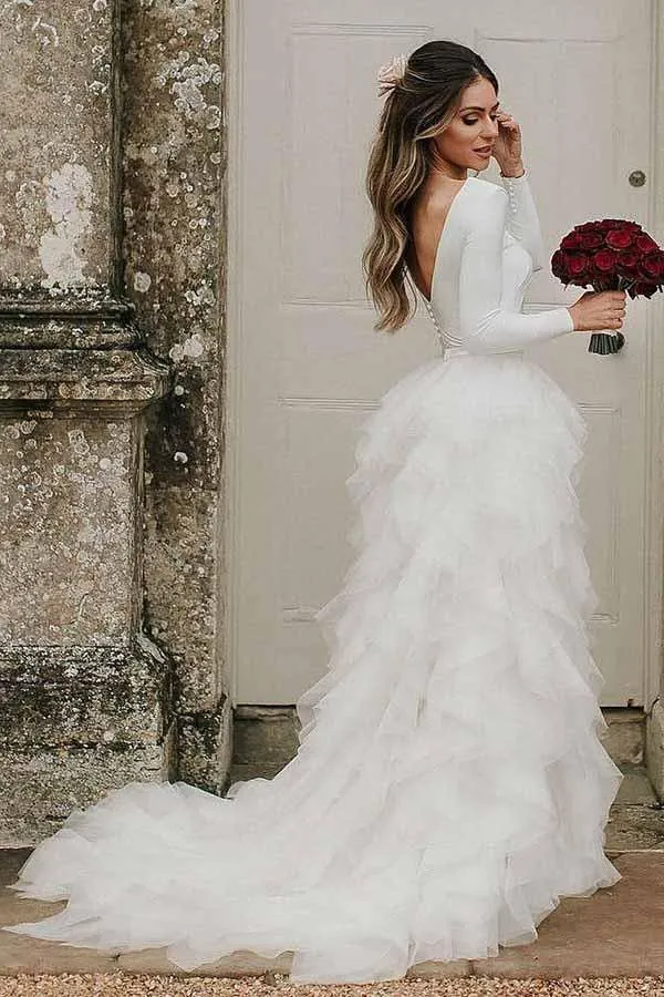 A-Line Round Neck Court Train Tulle Wedding Dress with Long Sleeves  WD307