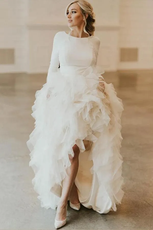 A-Line Round Neck Court Train Tulle Wedding Dress with Long Sleeves  WD307