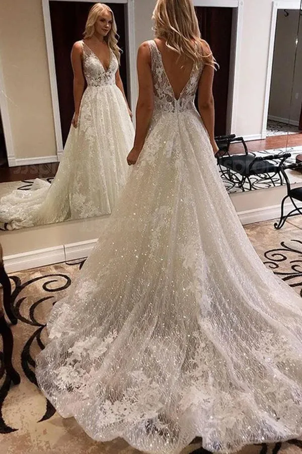 A Line Sparkly Lace  V-neck Wedding Dress with Appliques