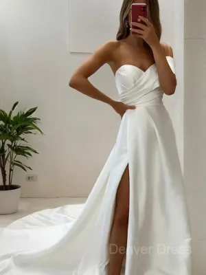 A-Line Sweetheart Court Train Satin Wedding Dresses With Leg Slit