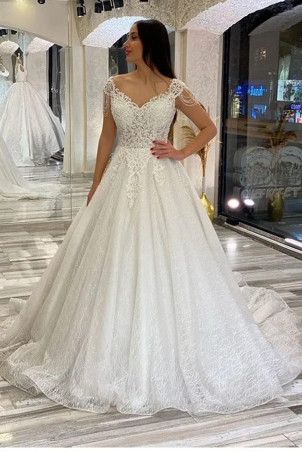 A-Line Wedding Dress Sweetheart Backless With Train Sequins Appliques Lace