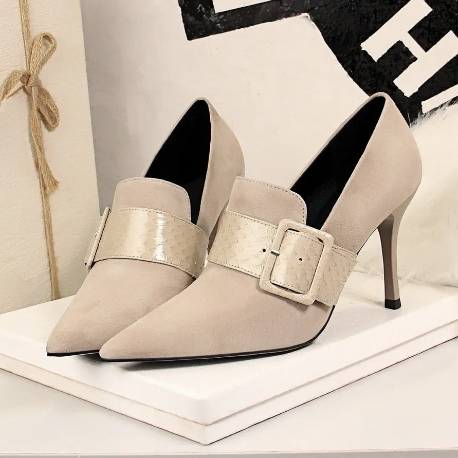 Amozae-2024 Women 9.5cm High Heels Pumps Pointed Toe Stiletto Gray Buckle Elegant Lady Fetish Escarpins Slip On Prom Office Flock Shoes