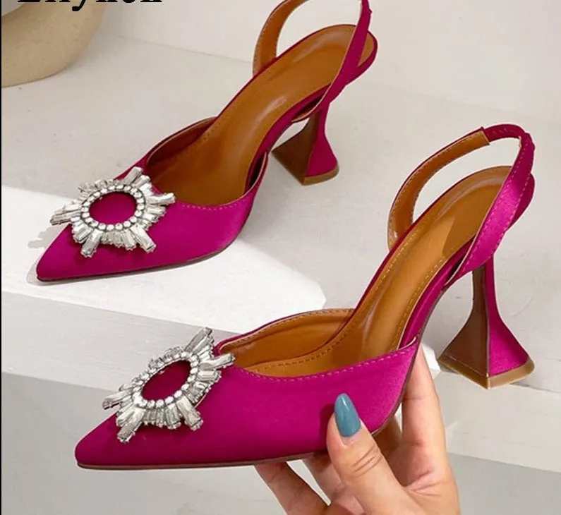 Amozae   Brand Women Pumps Fashion Crystal Slingback High heels Summer Comfortable Triangle Heeled Party Wedding Bride Shoes