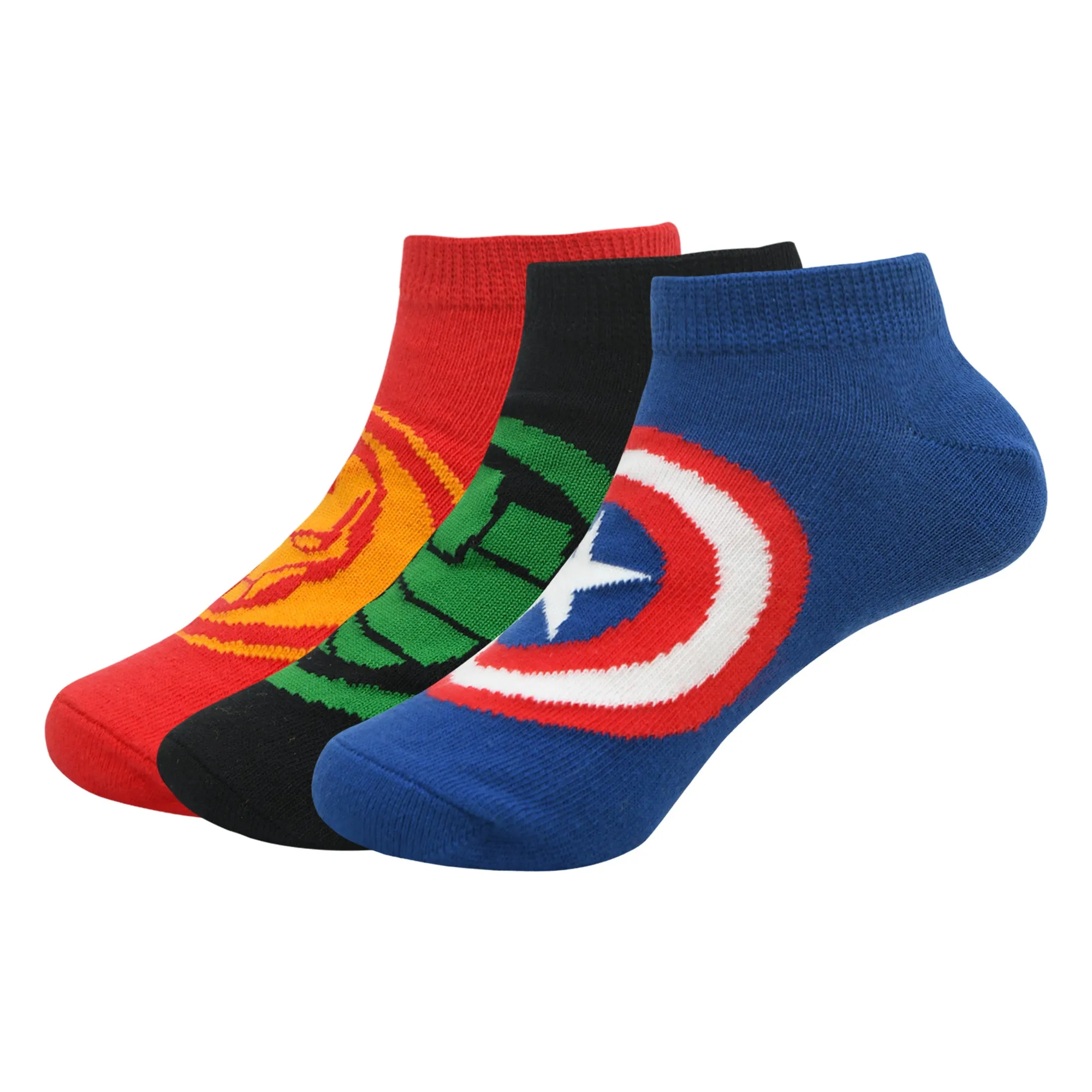 Balenzia x Marvel Anti-Skid Lowcut socks for Kids- Iron Man, Hulk, Captain America (Black, Red, Blue) (Pack of 3 Pairs/1U)