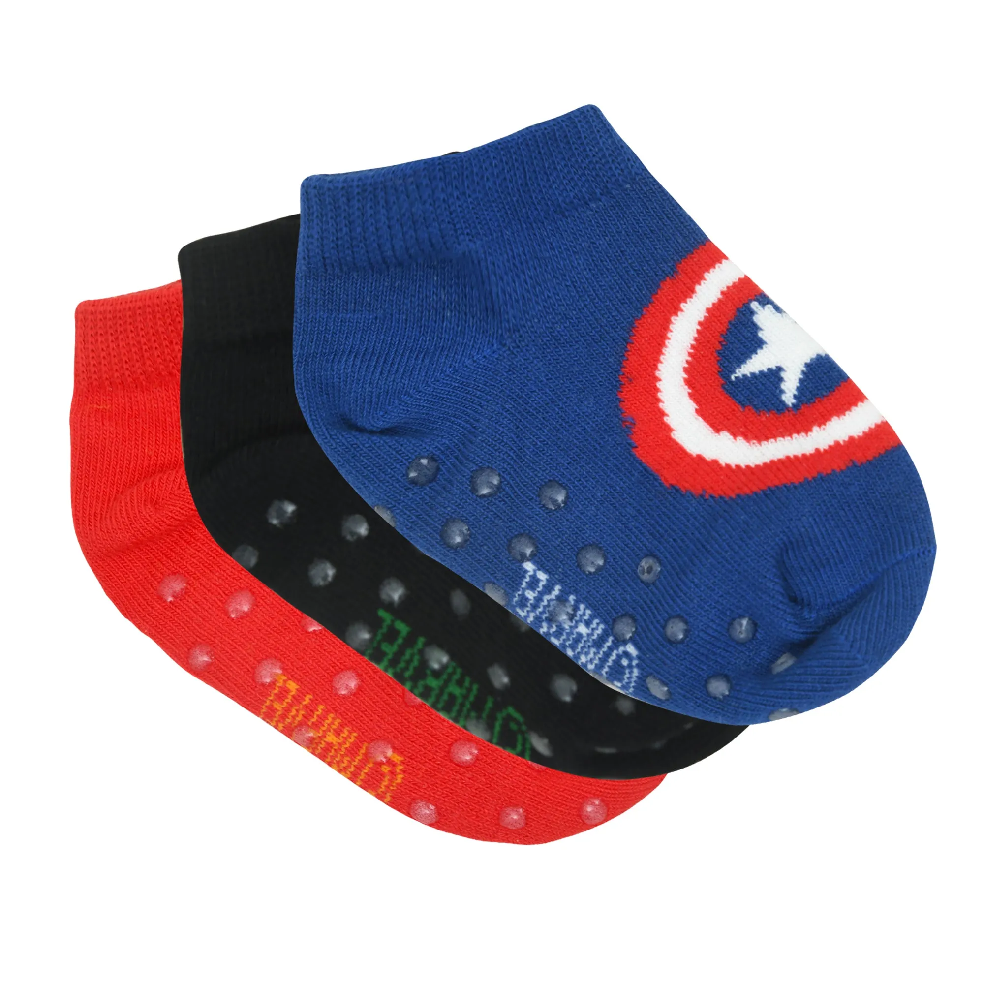 Balenzia x Marvel Anti-Skid Lowcut socks for Kids- Iron Man, Hulk, Captain America (Black, Red, Blue) (Pack of 3 Pairs/1U)