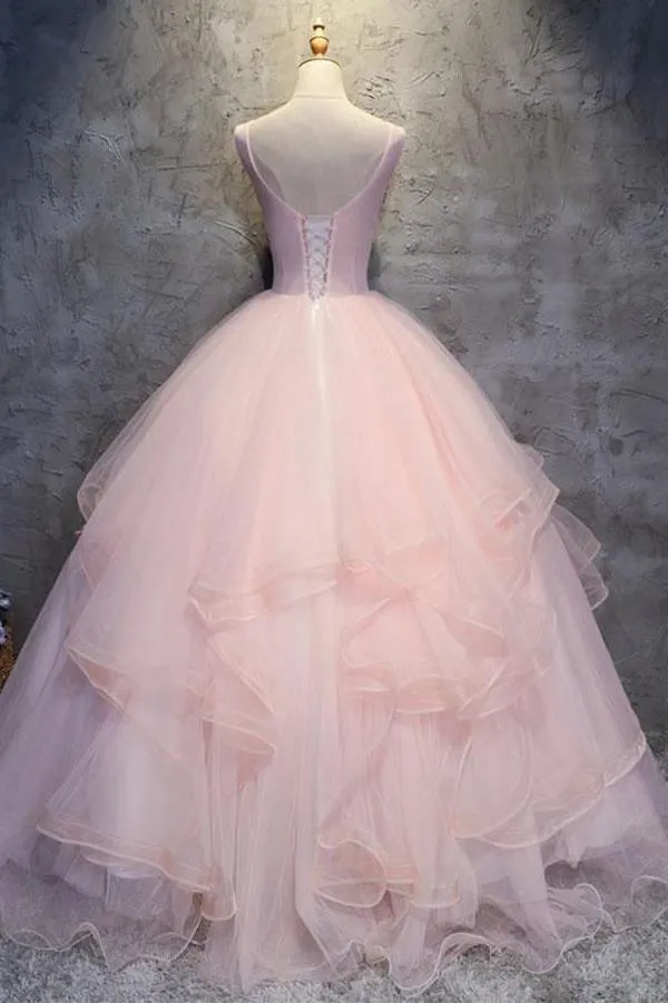 Ball Gown Floor Length Sleeveless Layers Tulle Ruffles Floral Prom Dress PG946