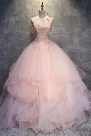 Ball Gown Floor Length Sleeveless Layers Tulle Ruffles Floral Prom Dress PG946