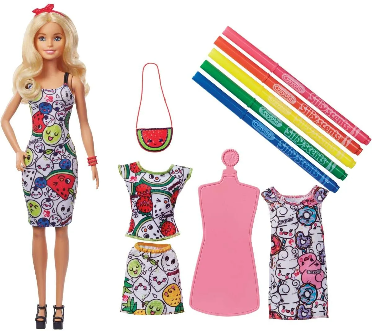 Barbie Crayola Color-in Fashions Doll and Fashions Set, Creative Art Fashion Toy with Doll, Washable Fashions, Scented Markers and Scented Purse