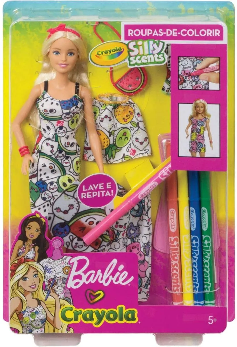 Barbie Crayola Color-in Fashions Doll and Fashions Set, Creative Art Fashion Toy with Doll, Washable Fashions, Scented Markers and Scented Purse