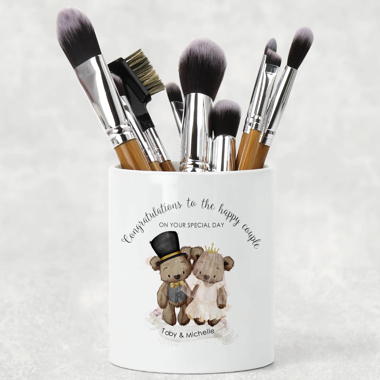 Bear Wedding Couple Personalised Pencil Caddy / Make Up Brush Holder