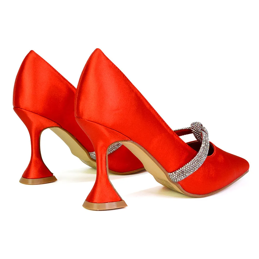 Beau Wedding Shoes Diamante Trim Satin Pointed Mid High Heel in Red