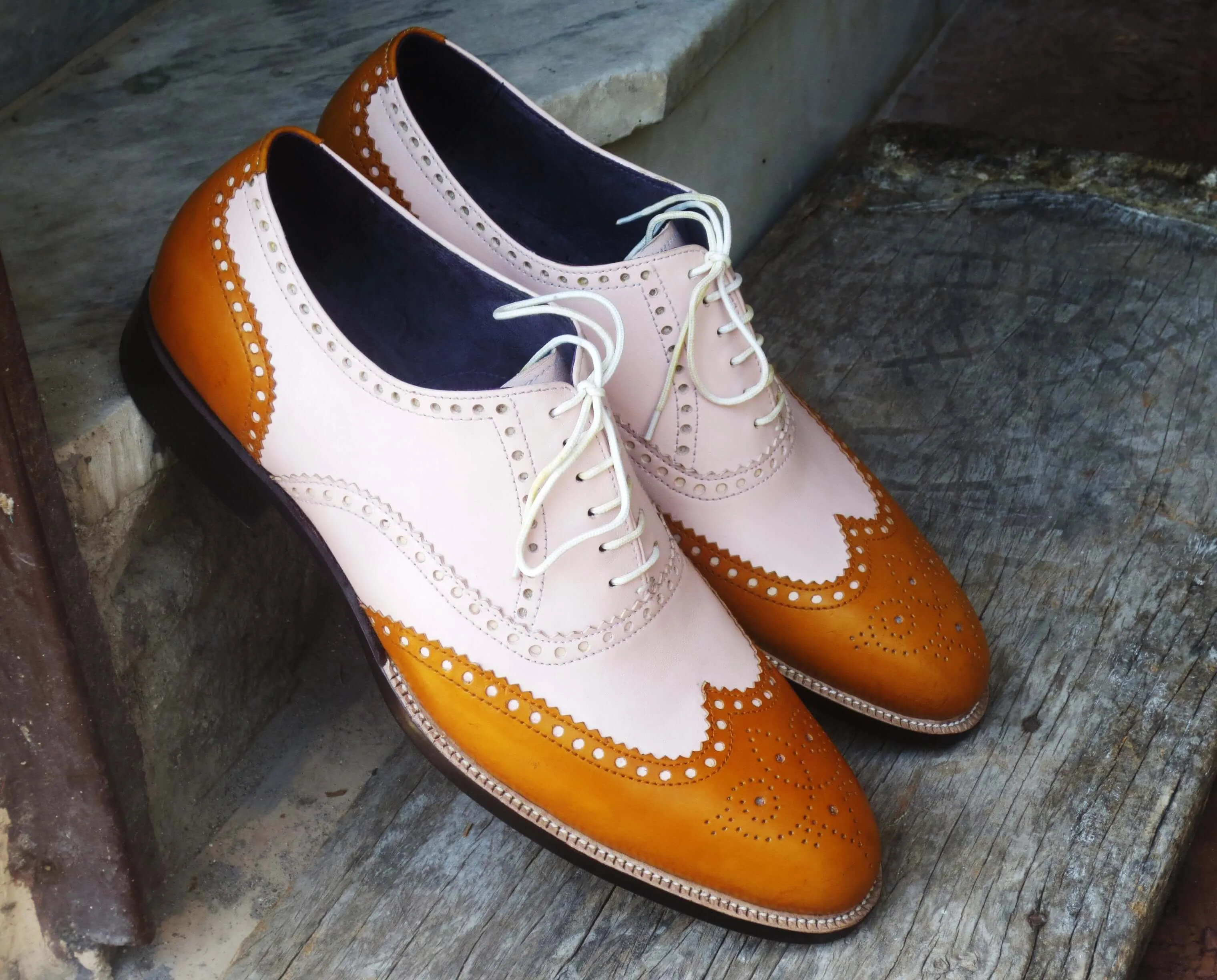 Bespoke Tan and White Leather Wing Tip Lace Up Shoes for Men's