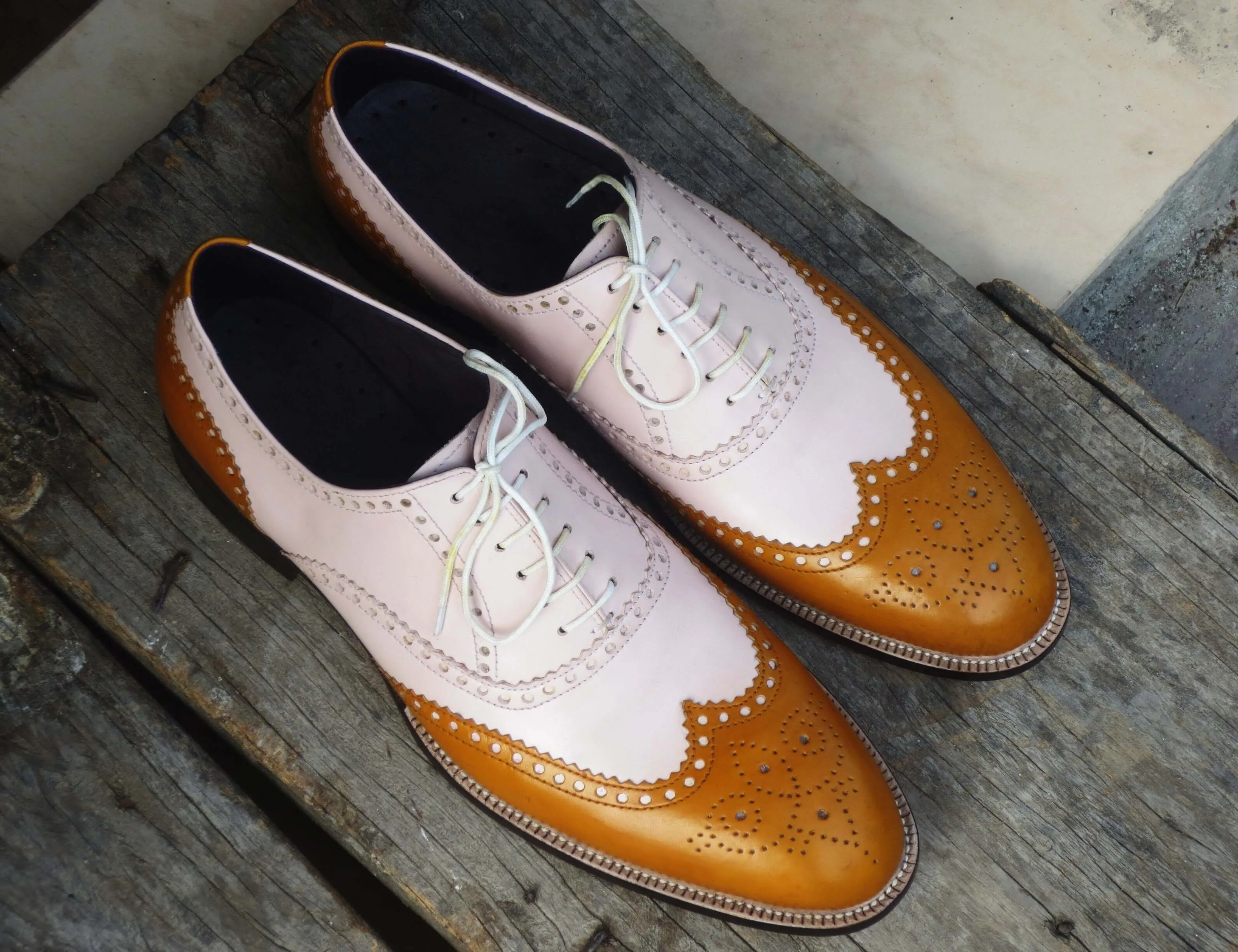 Bespoke Tan and White Leather Wing Tip Lace Up Shoes for Men's