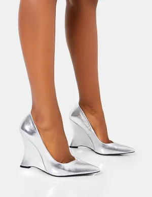 Betty Silver Mirror Metallic Pu Inverted Wedge Pointed Court Heels