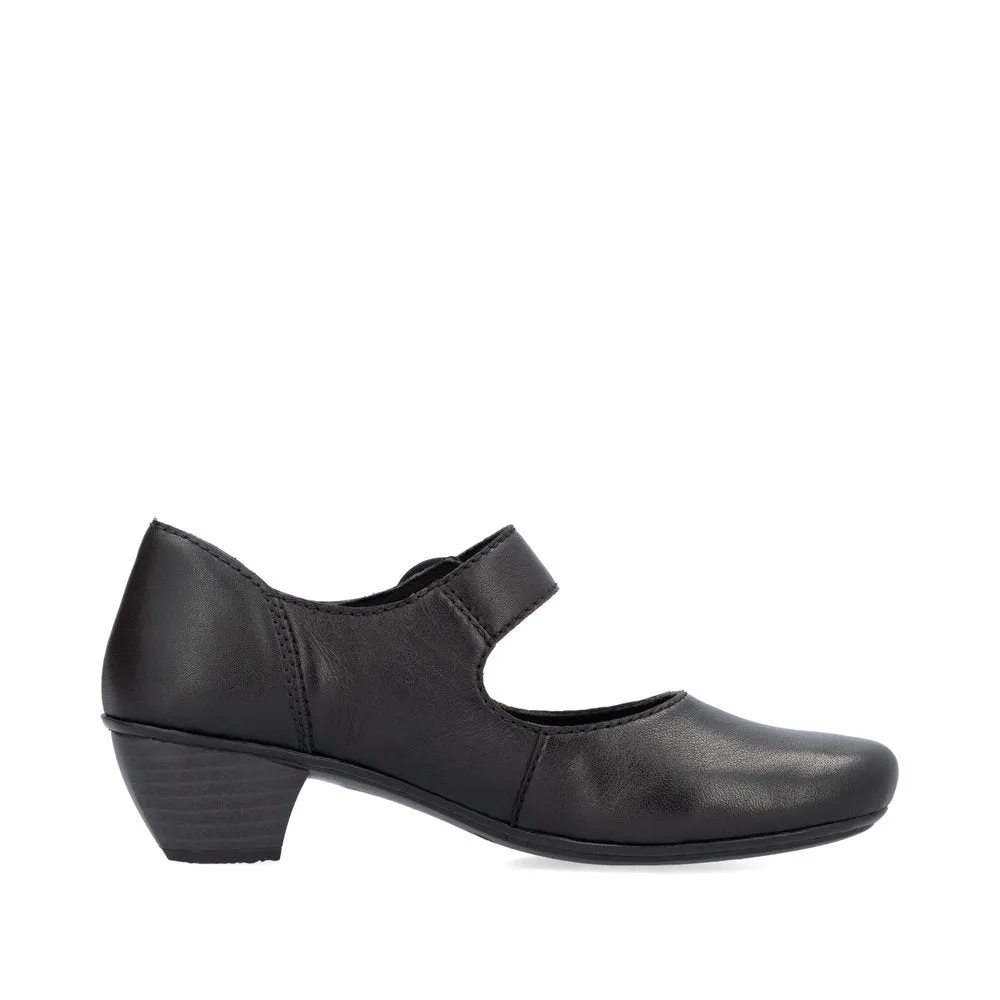 Black Leather Rieker Shoes Low Heel Strap Court 41756-00 sale