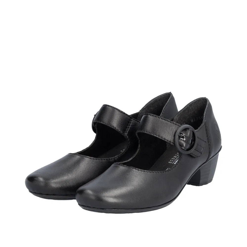 Black Leather Rieker Shoes Low Heel Strap Court 41756-00 sale