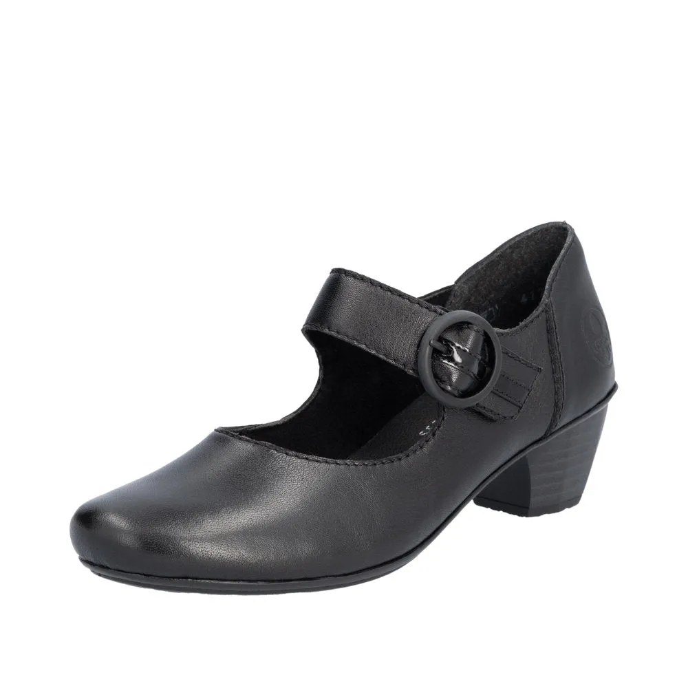 Black Leather Rieker Shoes Low Heel Strap Court 41756-00 sale