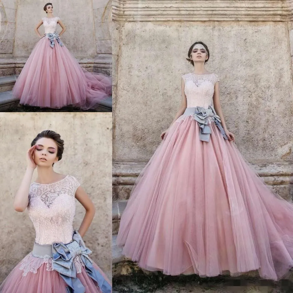 Cap Sleeves Ball-Gown Lace Bowknot Pink  Tulle Wedding Dresses WD074