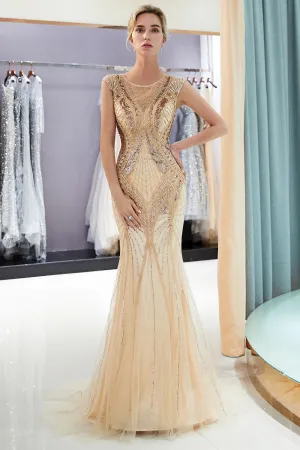 Champagne Long Mermaid Jewel Beading Sequins Evening Dresses