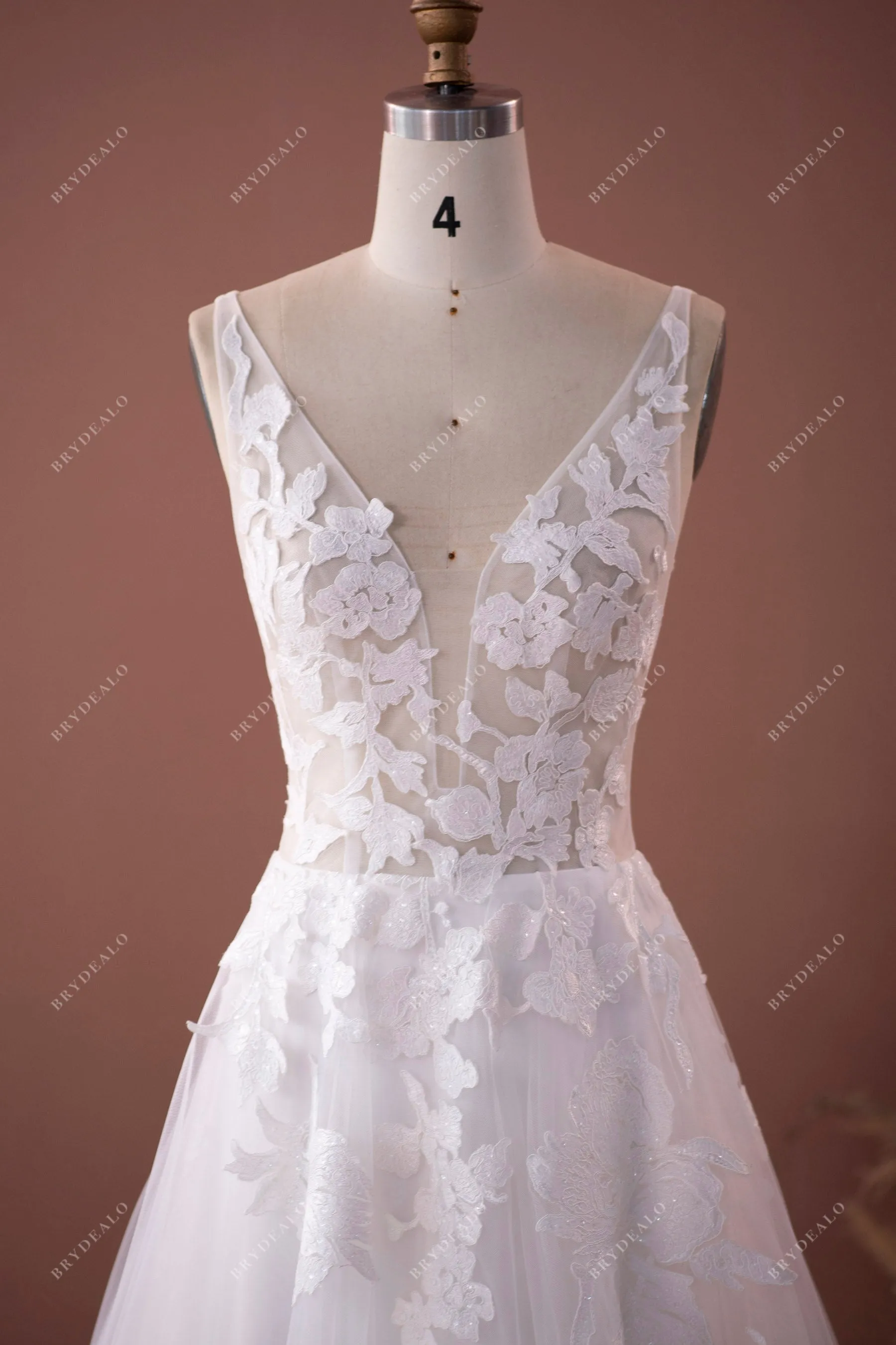 Deep V-neck Designer Lace Tulle Court Train Outdoor Wedding Dress