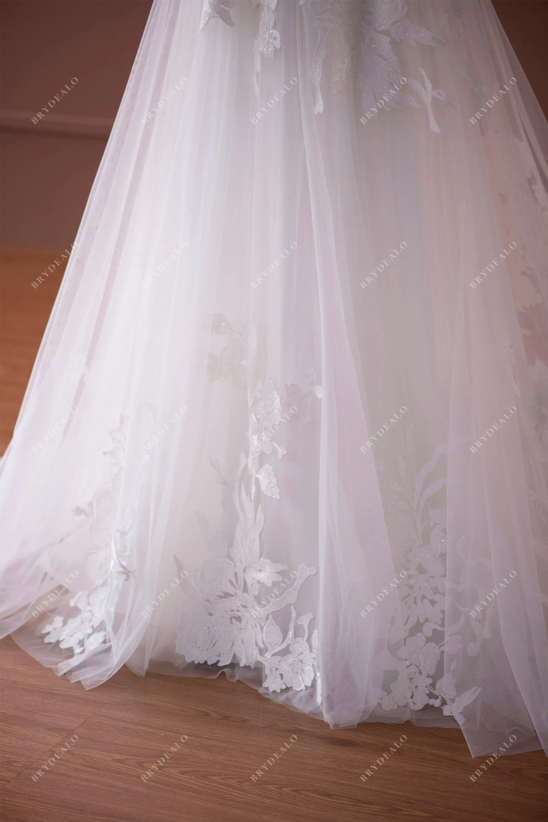 Deep V-neck Designer Lace Tulle Court Train Outdoor Wedding Dress