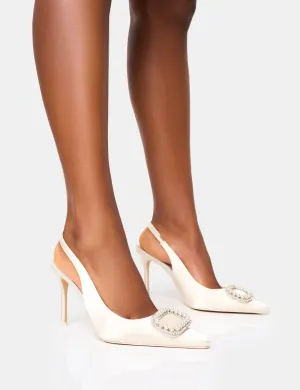 Flora Wide Fit Cream Pearl Encrusted Slingback Court Heels