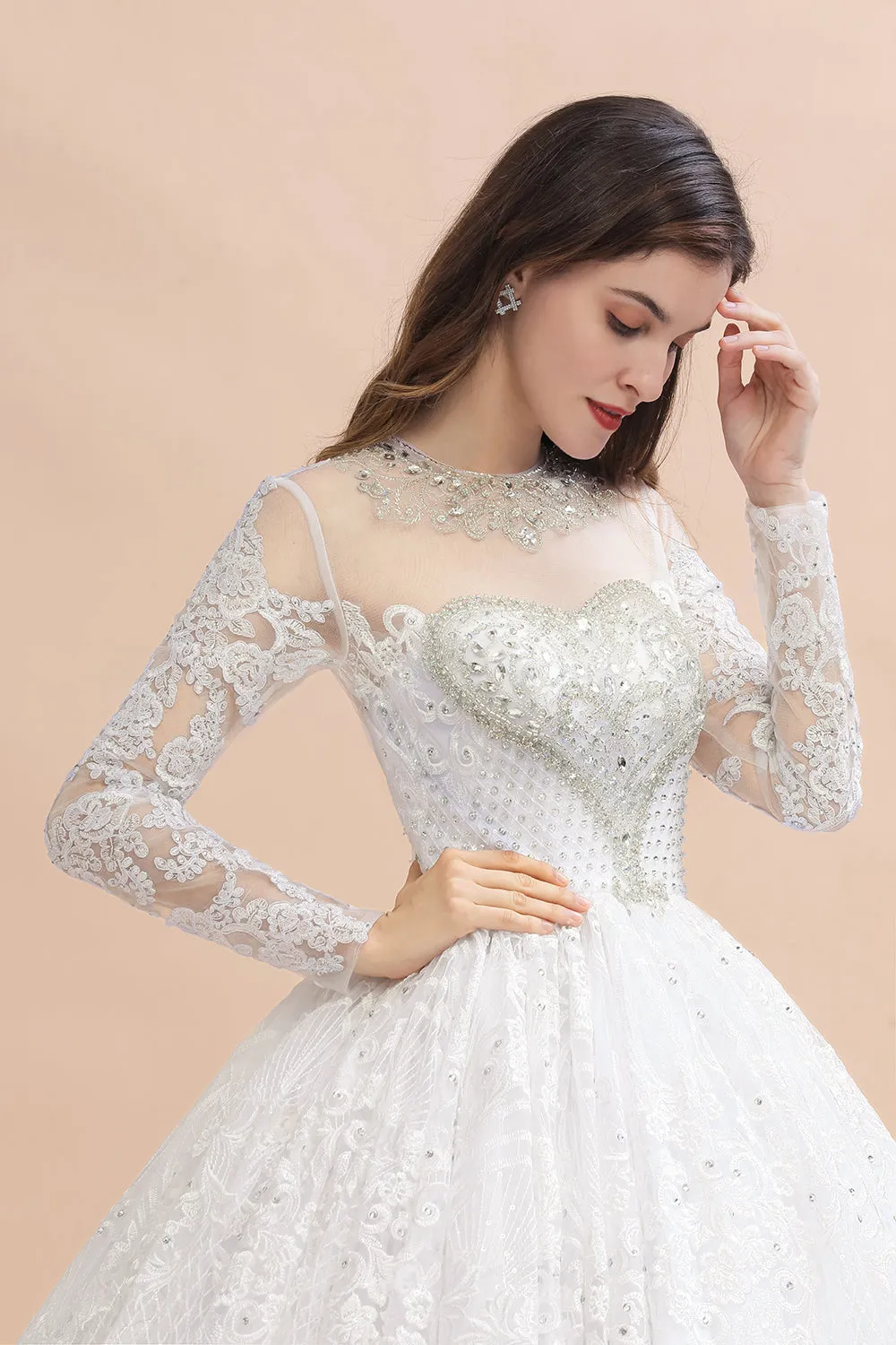 Glamous Ivory Long Sleeve Lace Appliques A-line Wedding Dress