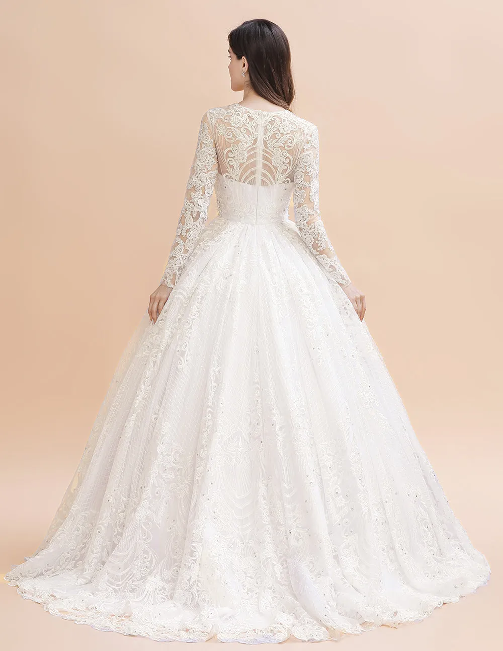 Glamous Ivory Long Sleeve Lace Appliques A-line Wedding Dress