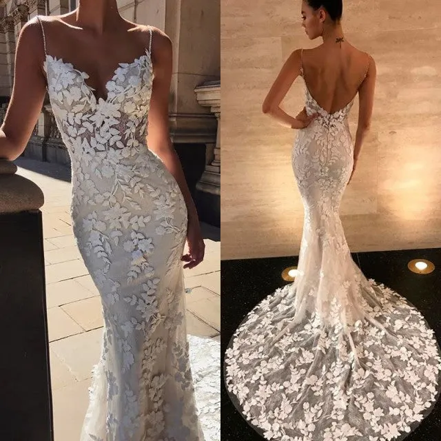 Gorgeous Open Back Lace Wedding Dresses | Mermaid Spaghetti-Straps Bridal Gowns BC0292