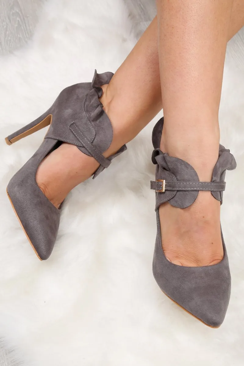 Grey Faux Suede Frill Court Heels - Brynna