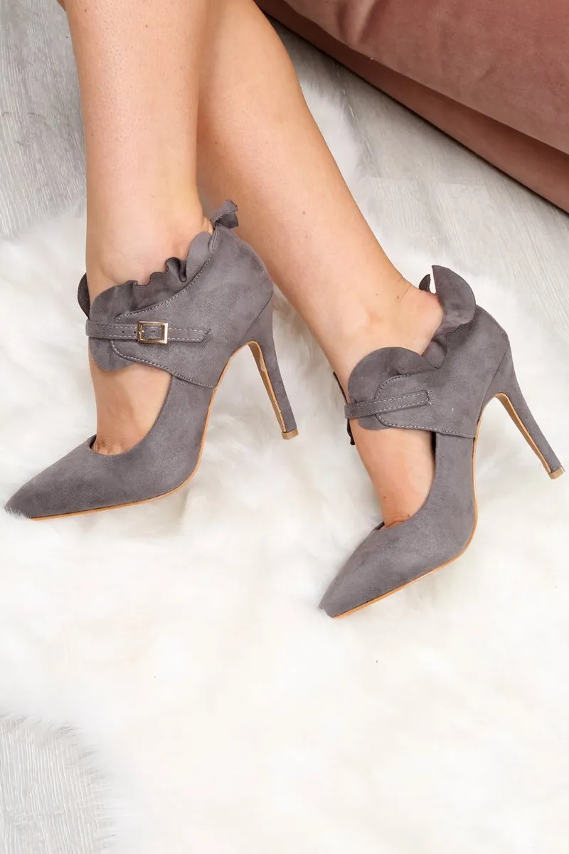 Grey Faux Suede Frill Court Heels - Brynna