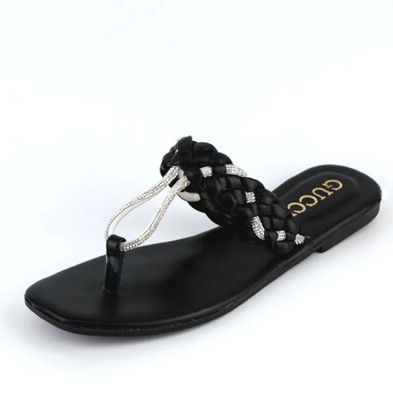 GU Flat Slippers Rhinestone Braided Style Women Thong Sandal