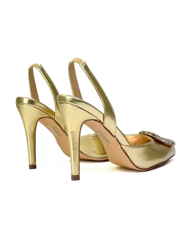 Issy Sling Back Strappy Pointed Toe Stiletto High Heel Court Shoes in Gold