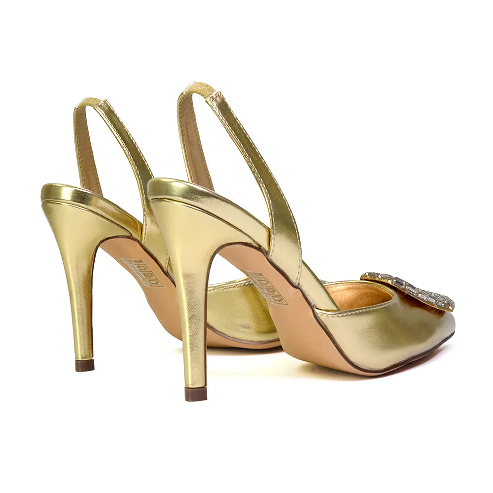 Issy Sling Back Strappy Pointed Toe Stiletto High Heel Court Shoes in Gold