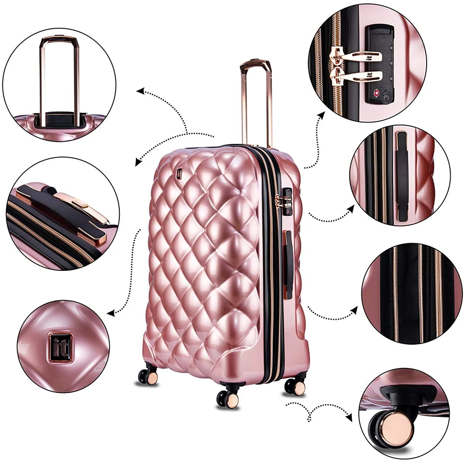 It Luggage St.Tropez Polycarbonate Hard Sided Suitcase  in Dark Champagne 29.3,26.8,21.5,14.1 Set of 3 Inches 25% Expansion and 8 Wheel Trolley Bag