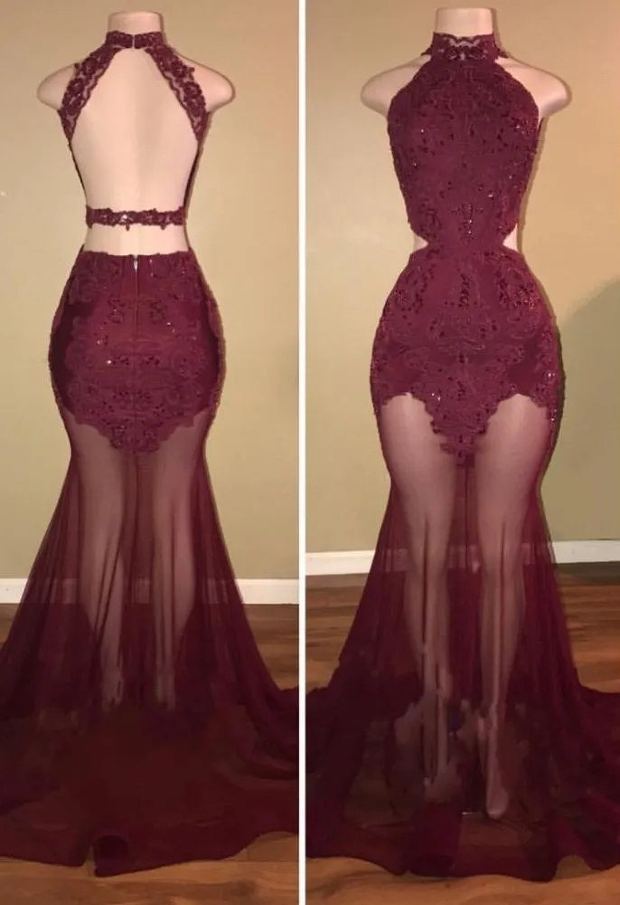 kamahe Burgundy Sheer-Tulle Lace-Appliques High-Neck Mermaid Prom Dresses