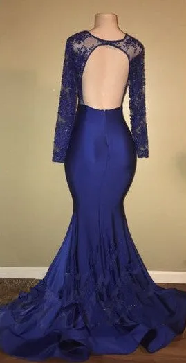 kamahe Chic Open Back Royal Blue Real Model Prom Dresses Lace Long Sleeves Mermaid Evening Gown