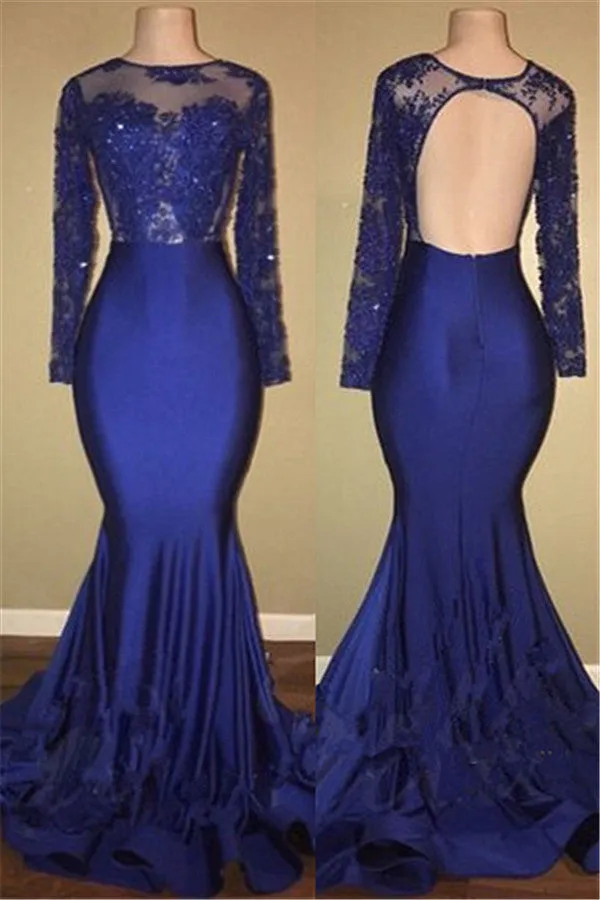 kamahe Chic Open Back Royal Blue Real Model Prom Dresses Lace Long Sleeves Mermaid Evening Gown