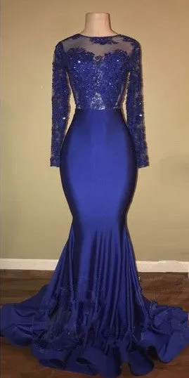 kamahe Chic Open Back Royal Blue Real Model Prom Dresses Lace Long Sleeves Mermaid Evening Gown