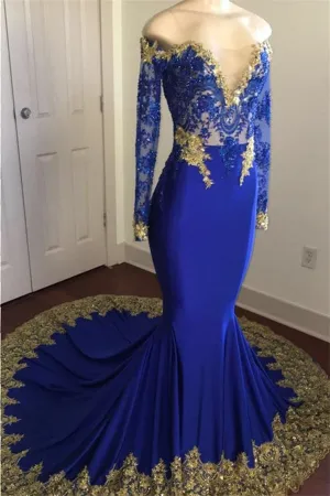 kamahe Off-the-Shoulder Royal Blue Prom Dresses Gold Lace Appliques Chic Evening Dress with Sleeve