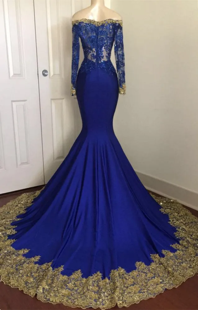 kamahe Off-the-Shoulder Royal Blue Prom Dresses Gold Lace Appliques Chic Evening Dress with Sleeve