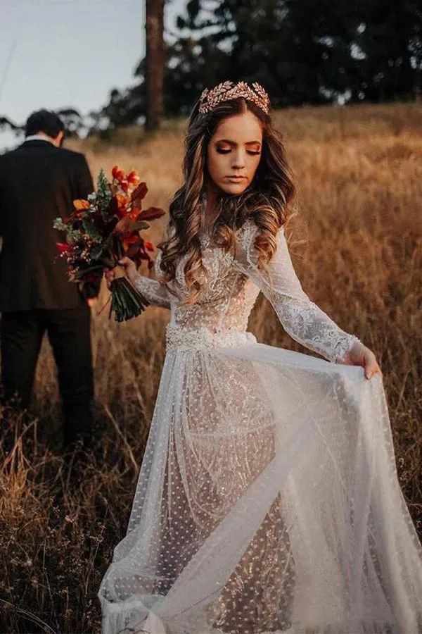 Lace Polka Dot Boho Wedding Dress Ivory Birdal Gown