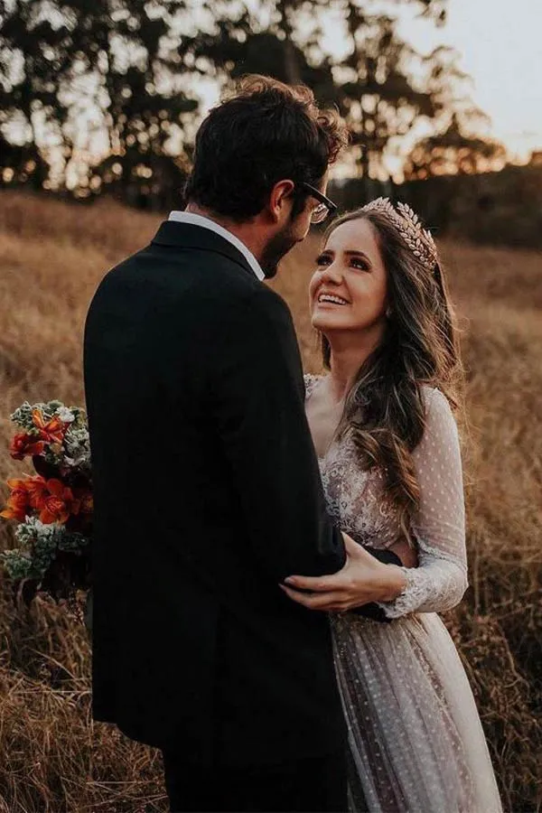 Lace Polka Dot Boho Wedding Dress Ivory Birdal Gown