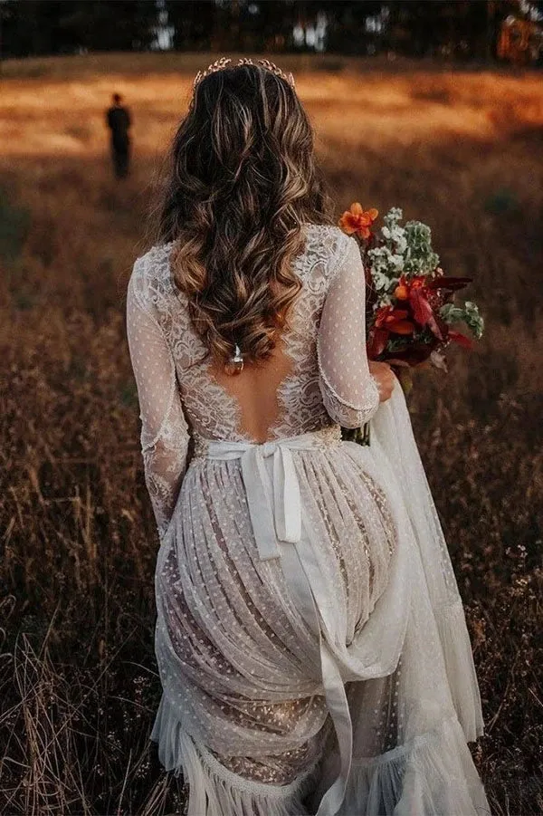 Lace Polka Dot Boho Wedding Dress Ivory Birdal Gown